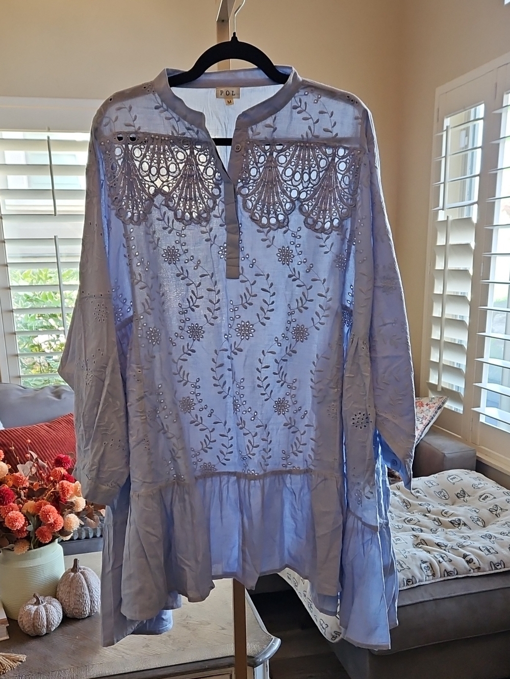 POL Periwinkle Eyelet Embroidered Peasant Tunic